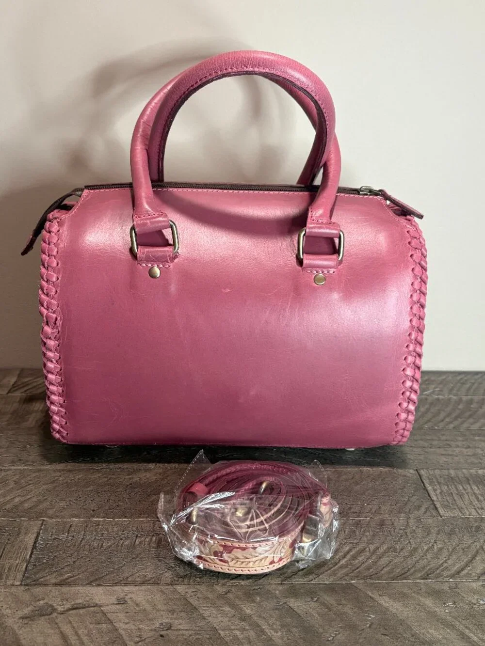 Handcrafted Tooled Leather Cowhide Handbag Pink Floral Spade Western Satchel